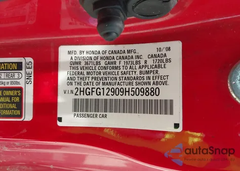 2009 Honda Civic Ex-L из США, поврежденный, VIN 2HGFG12909H509880